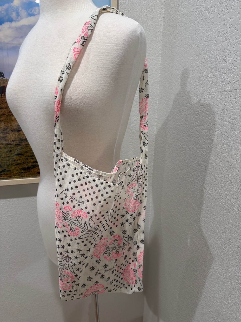 Free People White Cotton Shoulder Bag with Pink Floral Print